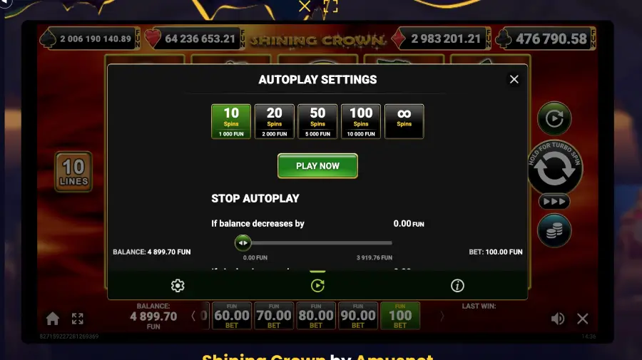 Schermata di gioco Shining Crown con combinazioni vincenti e payout