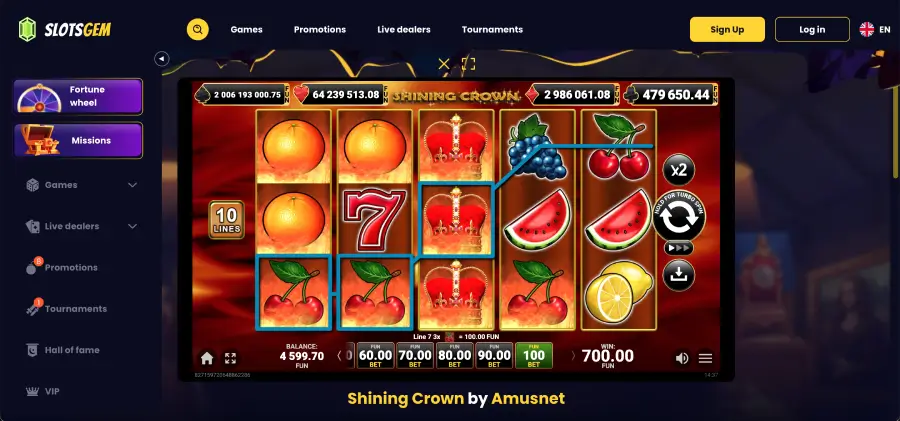 Interfaccia Shining Crown Italia con linee di pagamento e simboli frutta