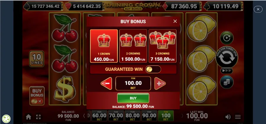 Shining Crown Buy Bonus funzione acquisto bonus con interfaccia gioco