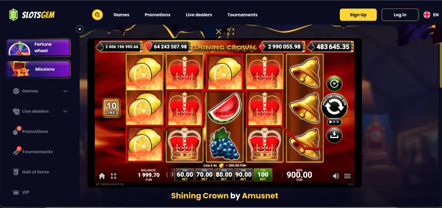 Shining Crown demo slot schermata di gioco con rulli 5x3 e simboli classici