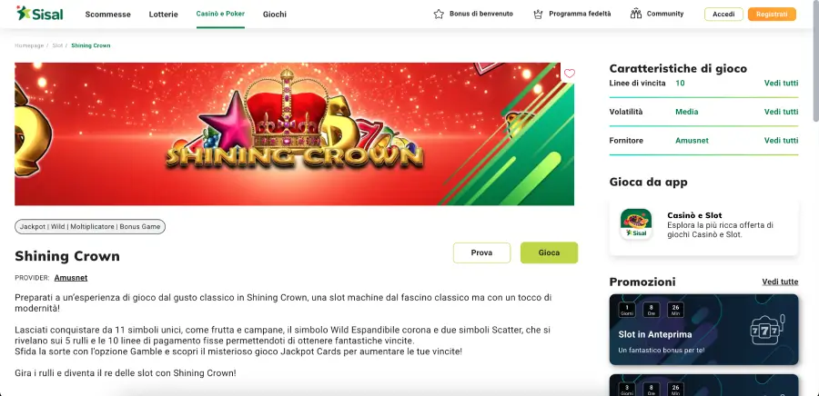 Shining Crown su Sisal schermata slot con rulli 5x3 e simboli classici Shining Crown su Sisal schermata slot con rulli 5x3 e simboli classici