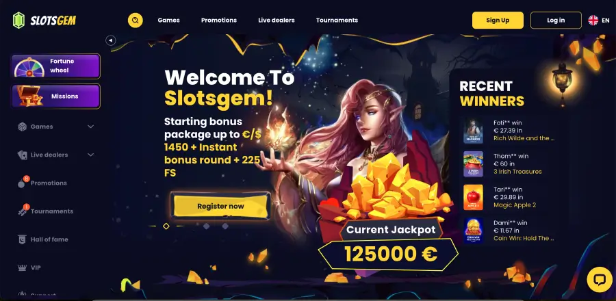 SlotsGem casino lobby cu selecție sloturi și catalog jocuri online