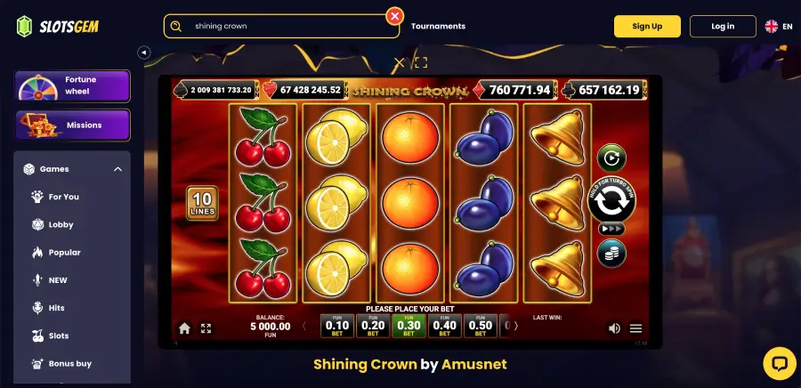 Shining Crown slot pe SlotsGem cu simboluri fructe și role 5x3