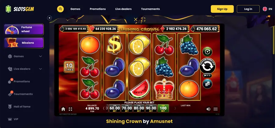 Shining Crown Amusnet slot on a five-reel layout