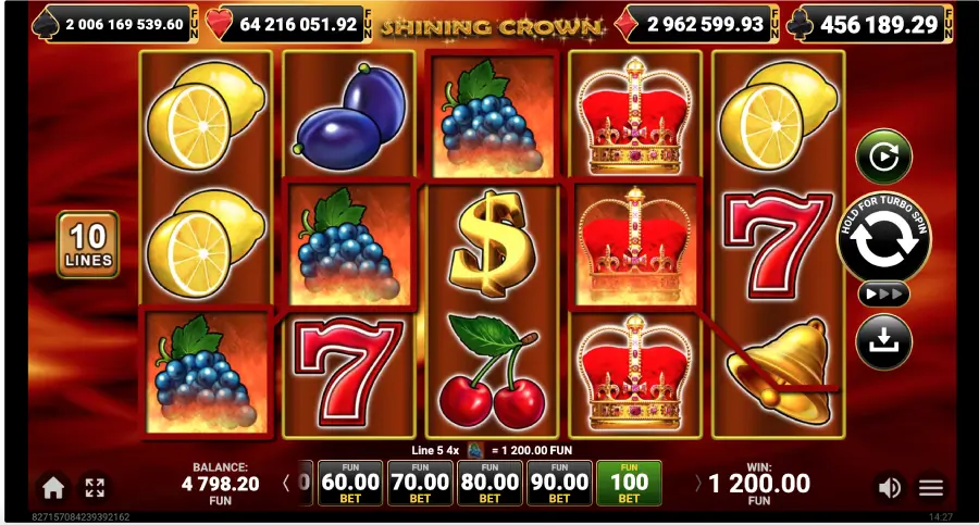Shining Crown slot reels, symbols and paytable